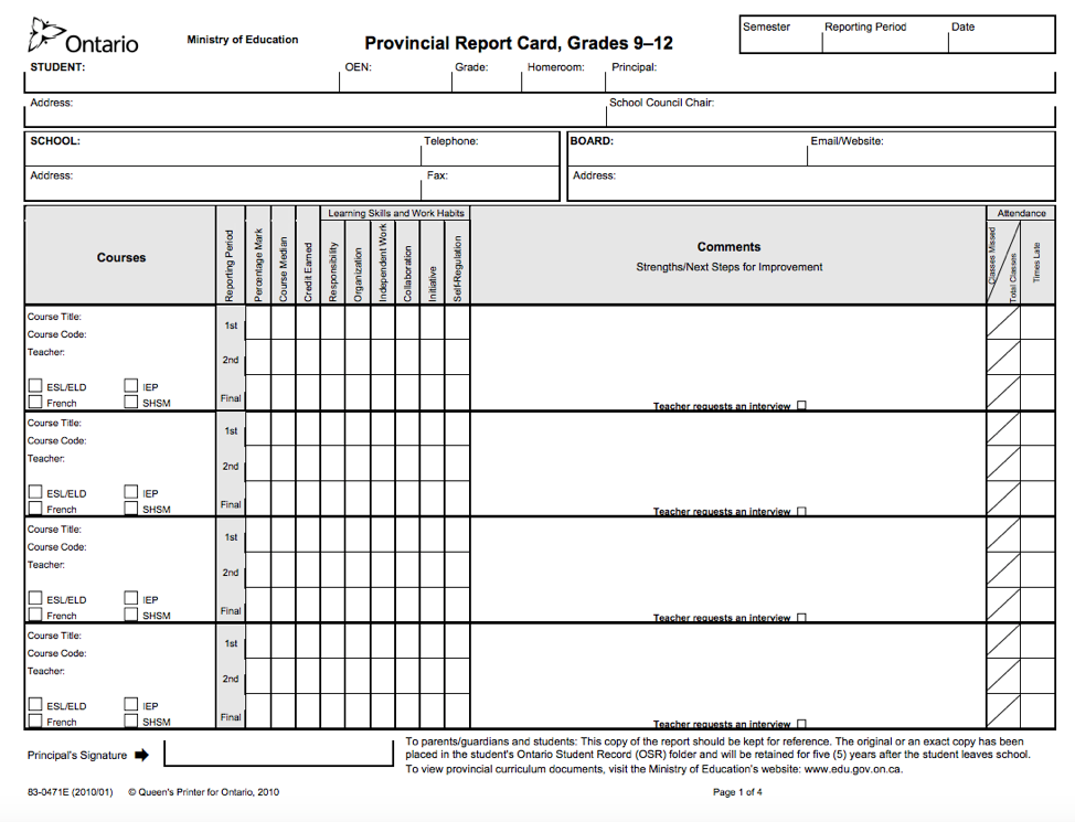 High School Report Card Ontario High School Report Card Ontario